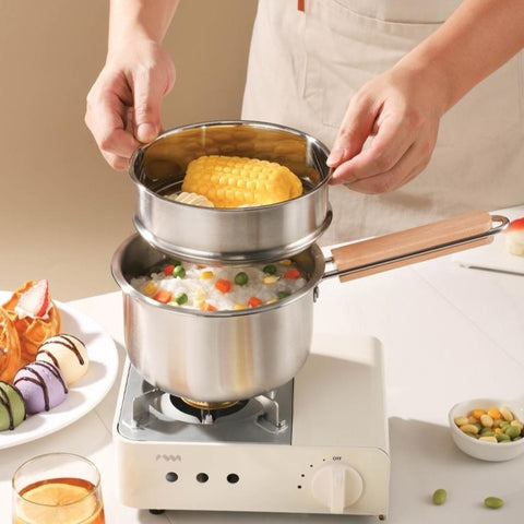 RESTOCKED✨쿠쳐 시그니처 인덕션겸용 스텐 2단 편수 찜 냄비 Induction-Compatible Stainless Steel 2-Tier Steamer Pot 16cm