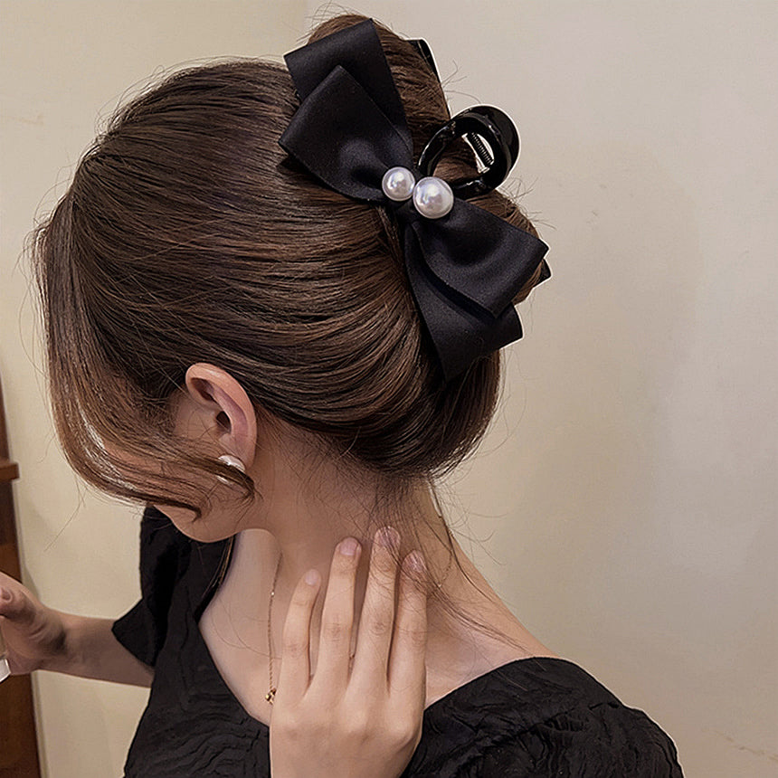 트윈 진주 블랙 리본 헤어 집게핀 Twin pearl black ribbon hair clip KMALL09