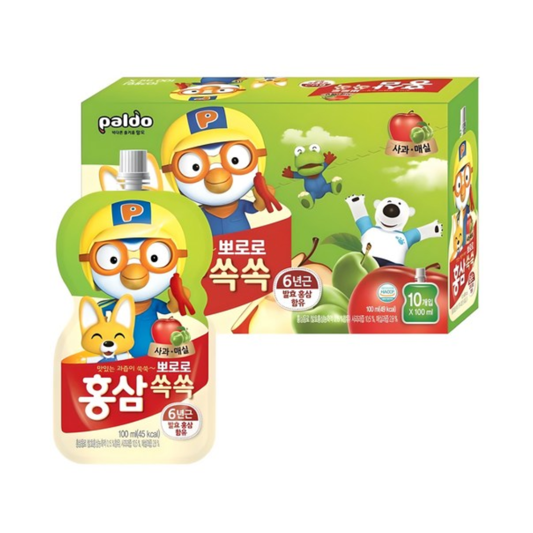 뽀로로 홍삼쏙쏙 사과&매실/오렌지/포도&블루베리 1박스(100ml*10개) Pororo Kids Red Ginseng Fruit Drink (Apple&Plum/Orange/Grape&Blueberry)