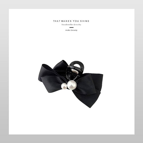 트윈 진주 블랙 리본 헤어 집게핀 Twin pearl black ribbon hair clip